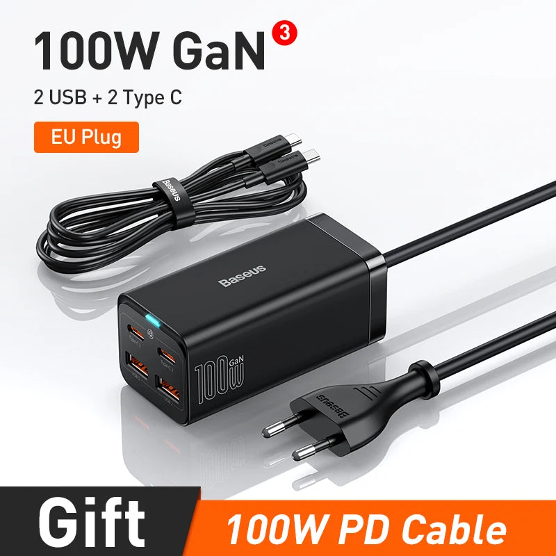 Baseus GaN3 100/ 65W Desktop Charger Quick Charge QC 3.04.0 USB C Type C Phone Charger For iPhone15 Huawei Xiaomi MacBook Laptop