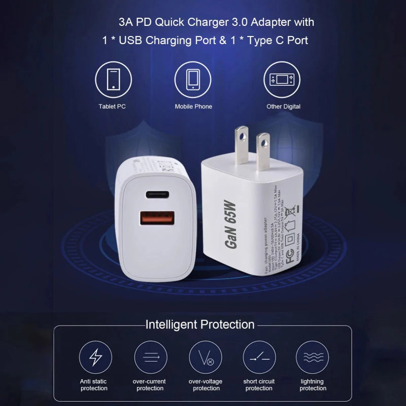 UK/AU/EU/US USB C Charger 65W PD 3.0 GaN Charger Type C Power Adapter With 2-Port Fast Wall Charger Compatible for iPhone 13 USB