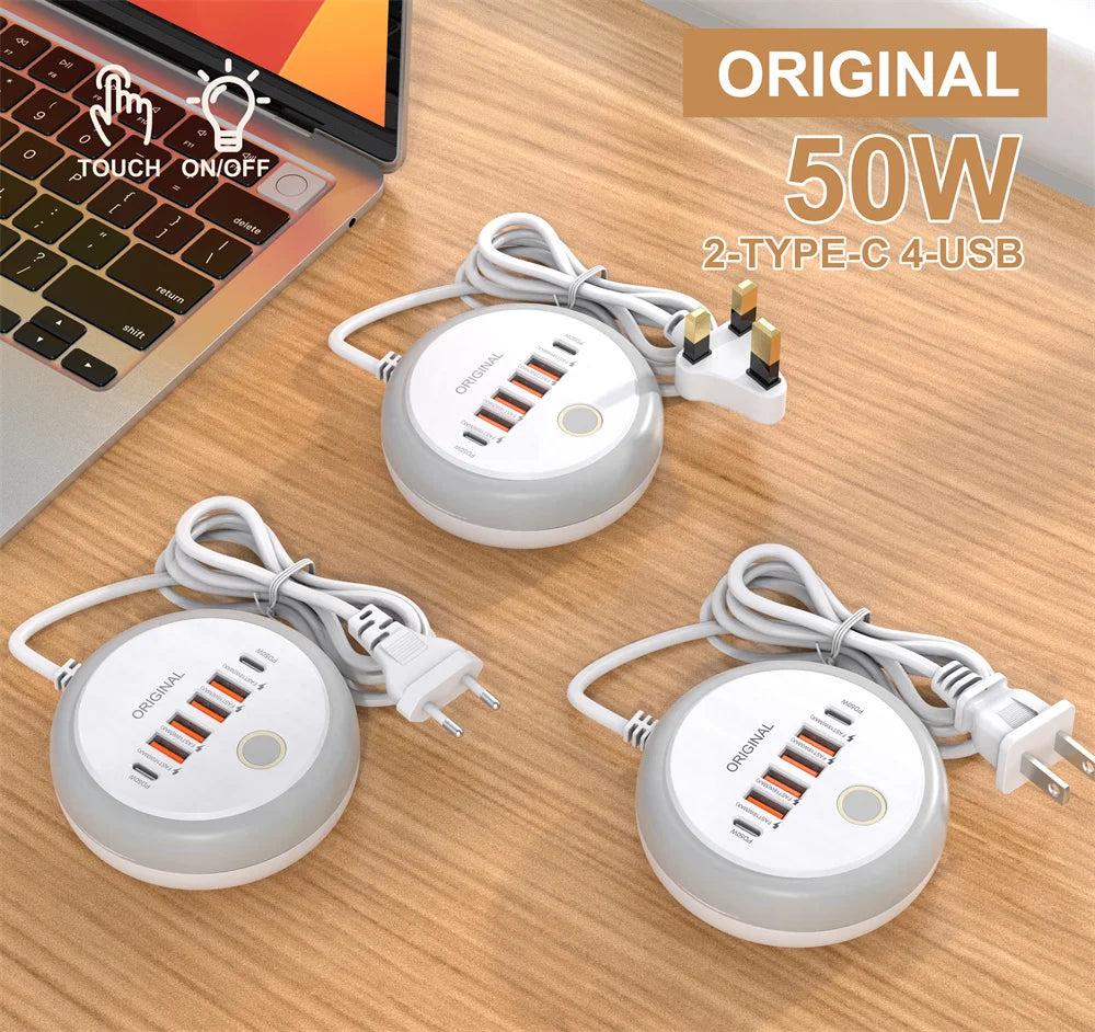 USB C Plug-in Charger Total 50W Multi-Port with Creative Round Touch LED Night Light Intelligent Fast Charging Type-C PD Charger