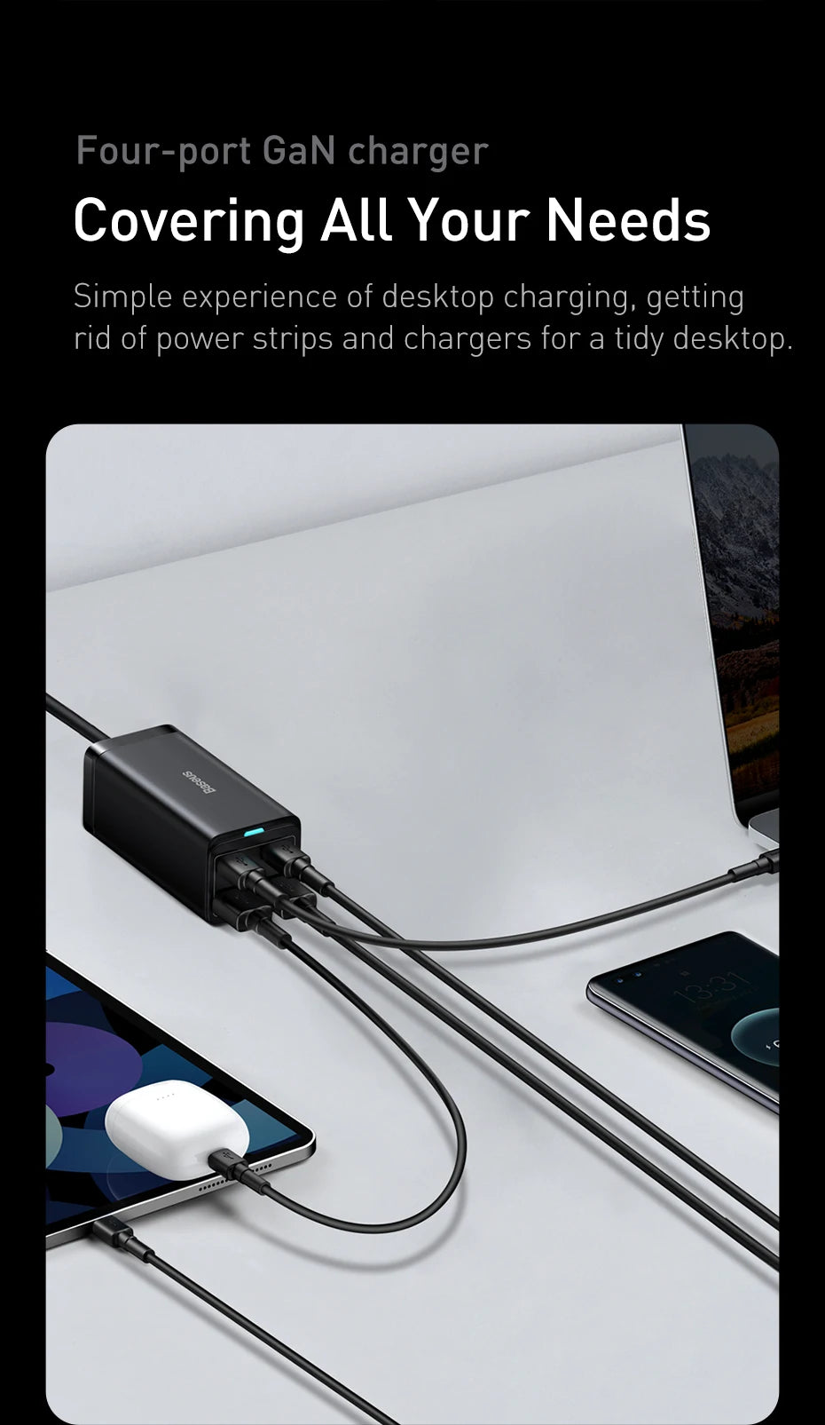 Baseus GaN3 100/ 65W Desktop Charger Quick Charge QC 3.04.0 USB C Type C Phone Charger For iPhone15 Huawei Xiaomi MacBook Laptop