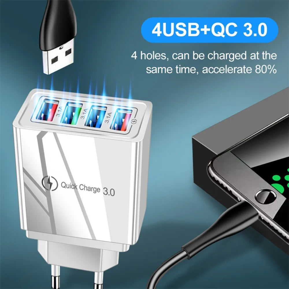 3A Multiport USB Charger with EU/US Plug, 4 USB 3.0 Fast Charging Ports for Phone, Tablet Adapter, Portable Wall Charger, Fast Charger for Poco