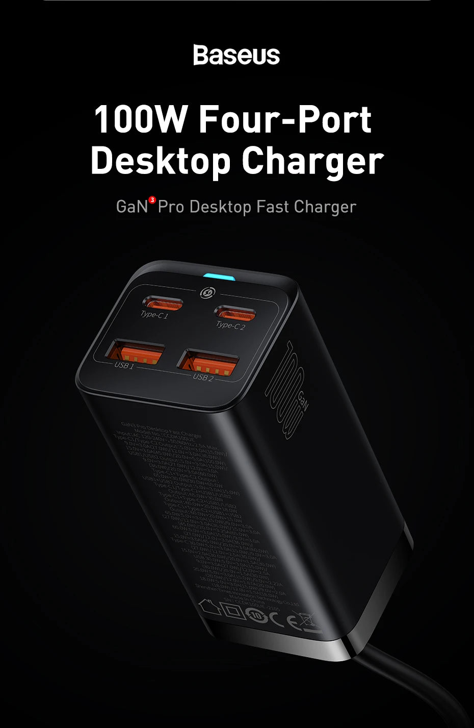 Baseus GaN3 100/ 65W Desktop Charger Quick Charge QC 3.04.0 USB C Type C Phone Charger For iPhone15 Huawei Xiaomi MacBook Laptop