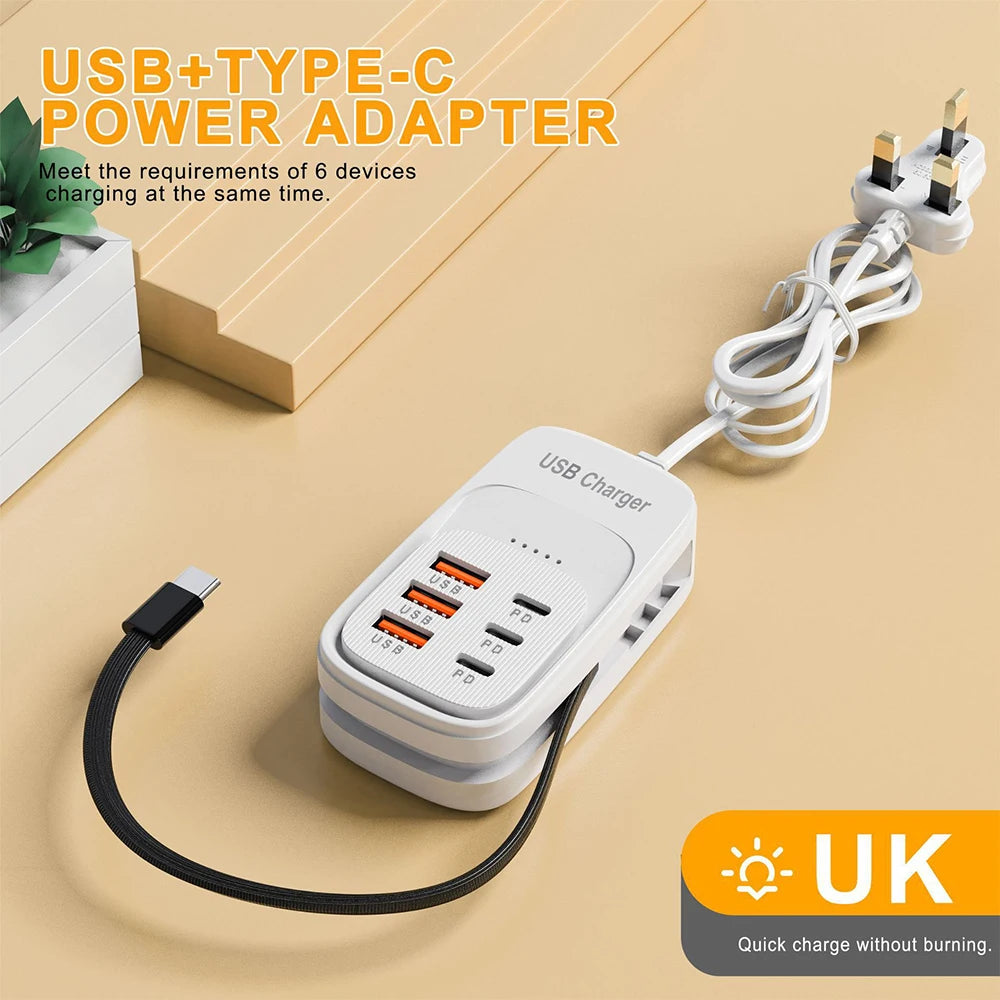 Fast USB Charger 6 in 1 Power Strip Desktop Charging Station Fast Charging Cord EU/UK/US Plug USB HUB Adapter Socket 3PD 3USB