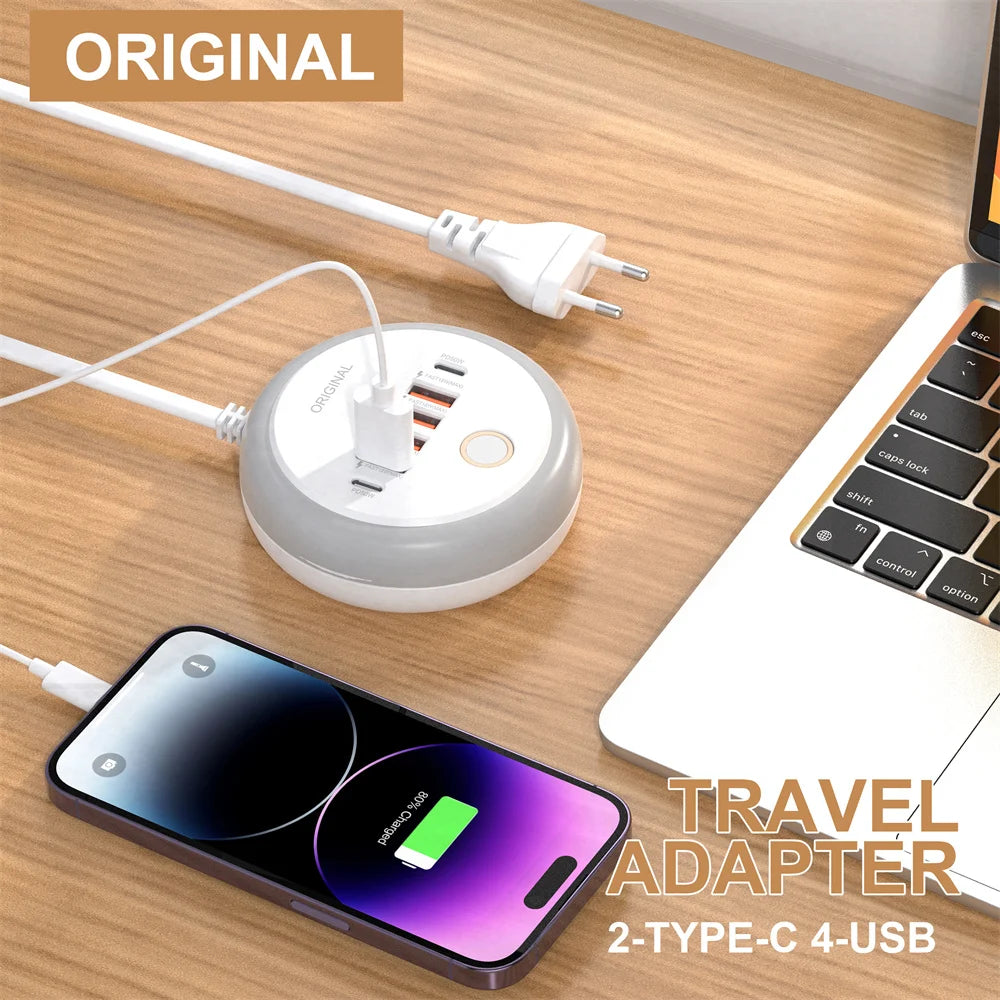 USB C Plug-in Charger Total 50W Multi-Port with Creative Round Touch LED Night Light Intelligent Fast Charging Type-C PD Charger