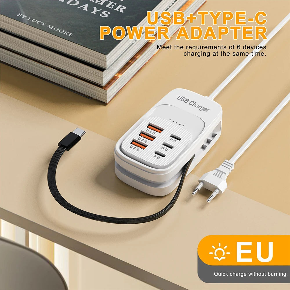 Fast USB Charger 6 in 1 Power Strip Desktop Charging Station Fast Charging Cord EU/UK/US Plug USB HUB Adapter Socket 3PD 3USB