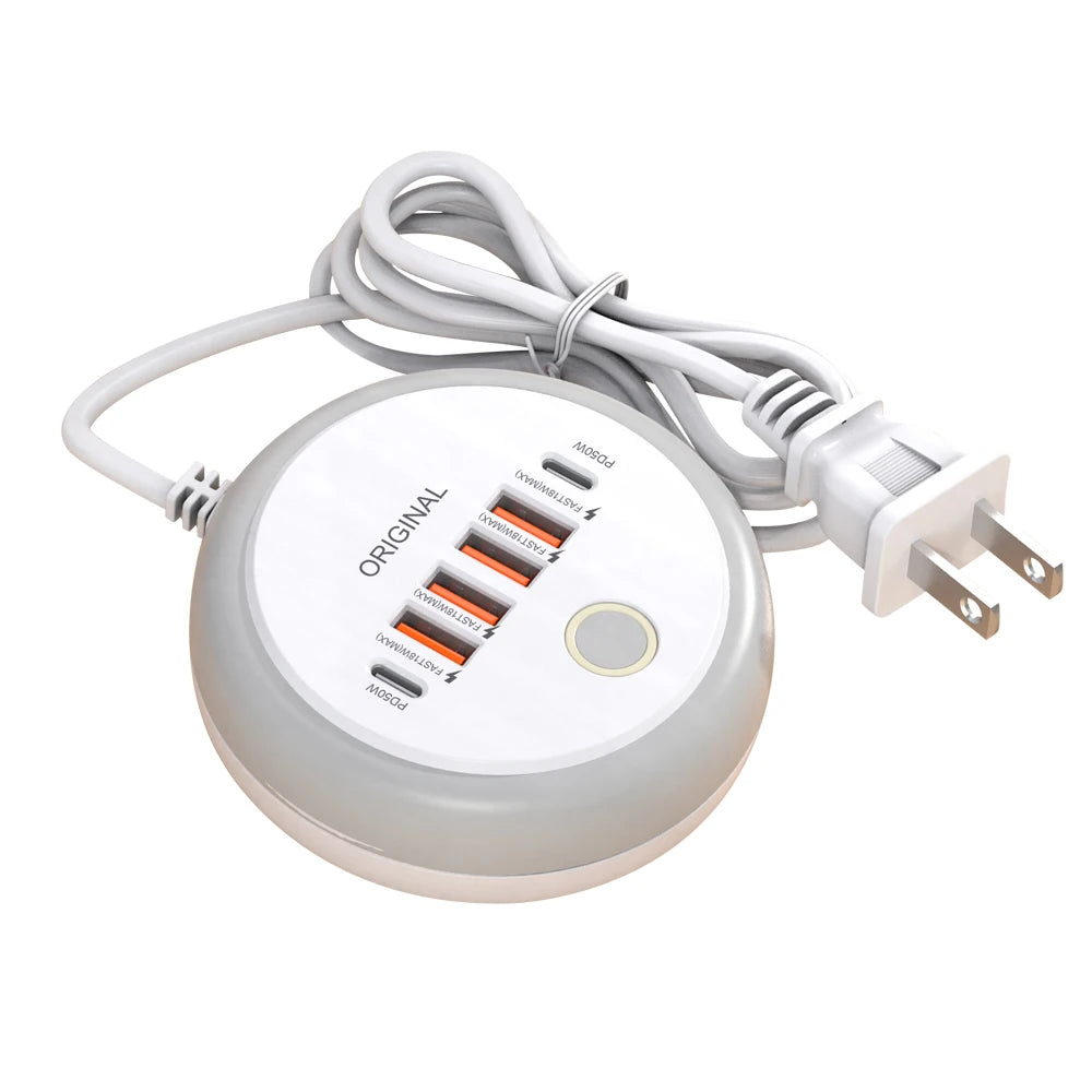 USB C Plug-in Charger Total 50W Multi-Port with Creative Round Touch LED Night Light Intelligent Fast Charging Type-C PD Charger