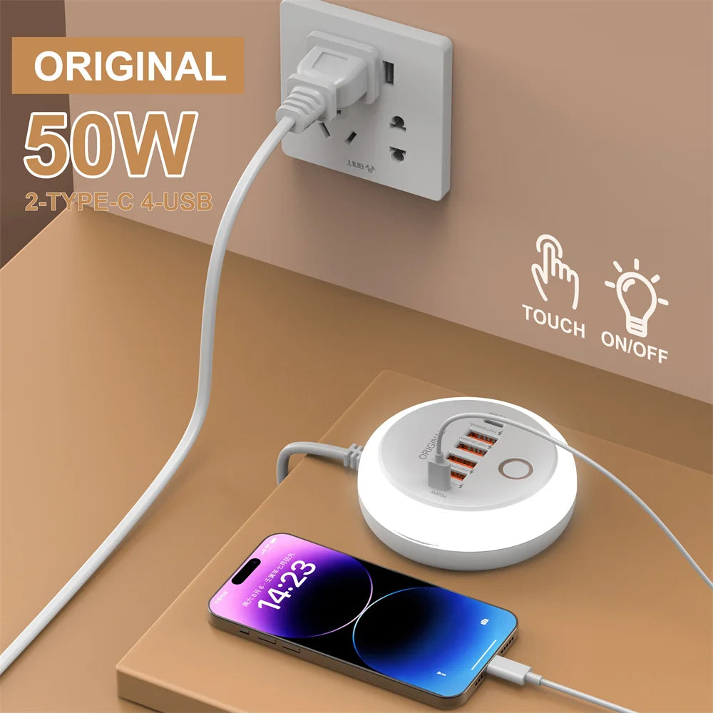 USB C Plug-in Charger Total 50W Multi-Port with Creative Round Touch LED Night Light Intelligent Fast Charging Type-C PD Charger